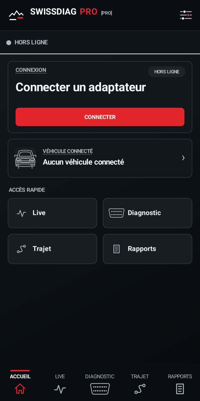 Écran d’accueil de l’application SWISSDIAG PRO en thème sombre : connexion hors ligne, bouton Connecter, véhicule et accès rapide
